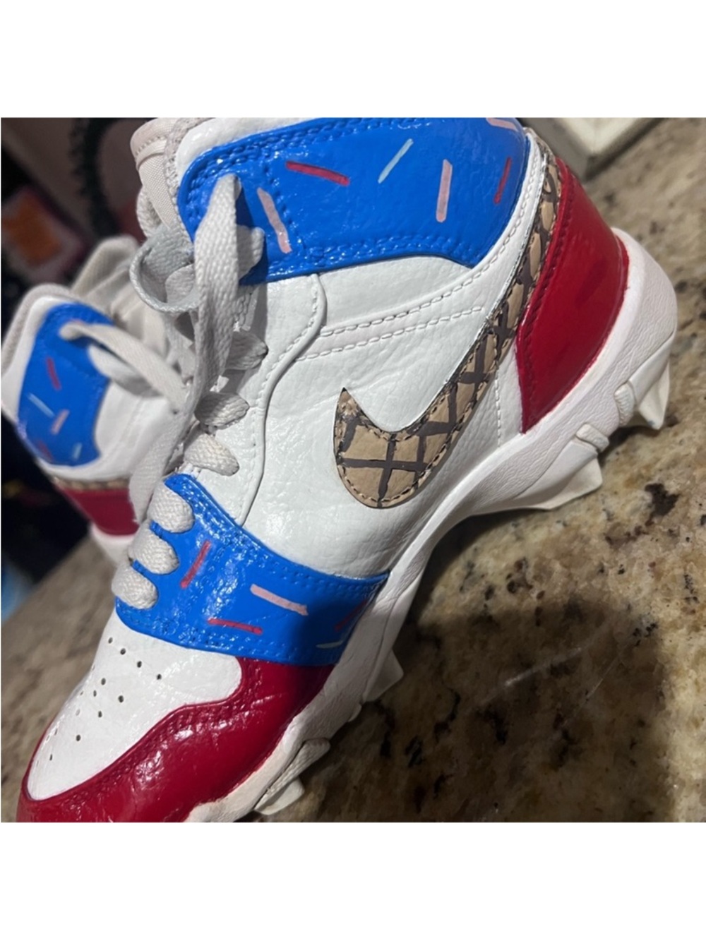 Nike Kids White, Blue & Red Patterned Swoosh Sneakers